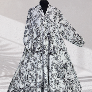 Monochrome Sketch Floral Button-Front Abaya