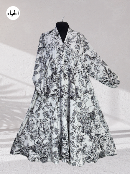 Monochrome Sketch Floral Button-Front Abaya