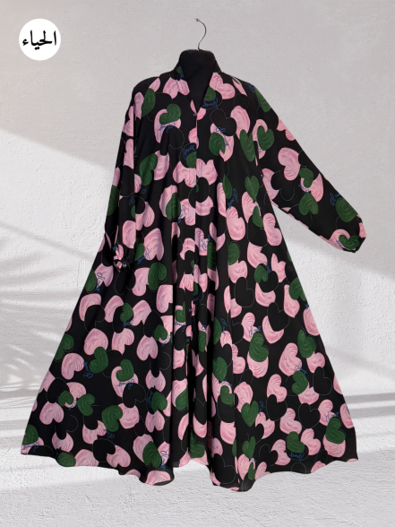 Pink & Green Foliage Button-Front Abaya