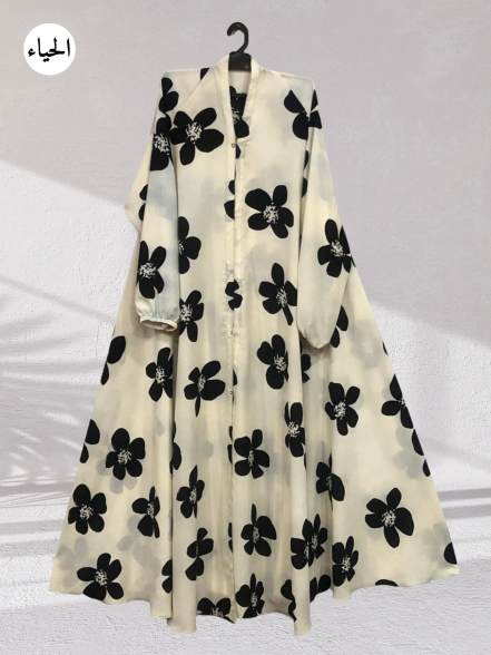 Bold Monochrome Floral Button-Front Abaya