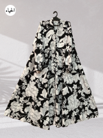 Monochrome Botanical Button-Front Abaya