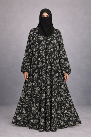 Monochrome Botanical Printed Abaya