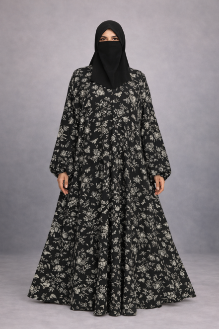 Monochrome Botanical Printed Abaya